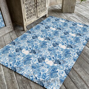 Blue Tile Patchwork Rug: Modern Marble Pattern, Non-Slip Washable Carpet