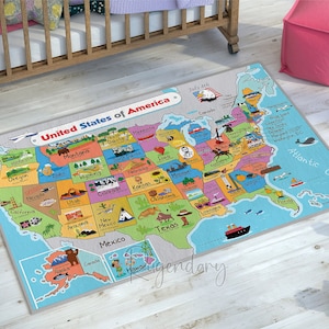 Tappeto Mappa Stati Uniti d'America, Tappeto Camera Bambini, Arredamento Nursery, Tappeto Scuola, Tappeto Scuola Materna, Tappeto Mappa USA, Tappetino Educativo