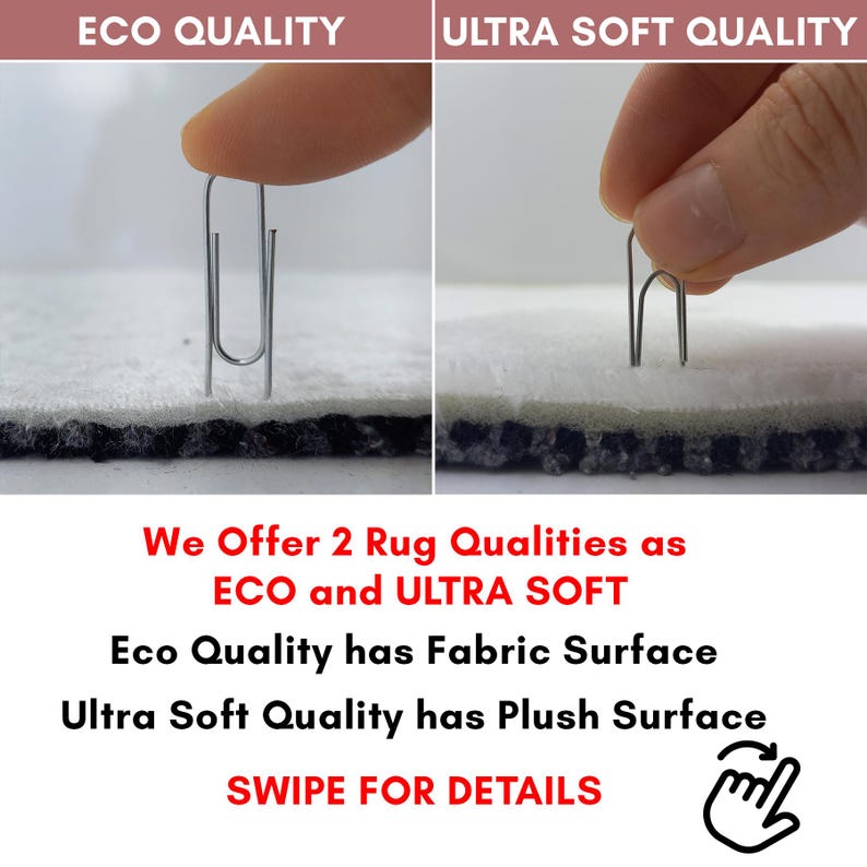 The image is a collage of two photos showing a person's finger holding a clip on a fabric surface, with text providing information about the rug qualities.