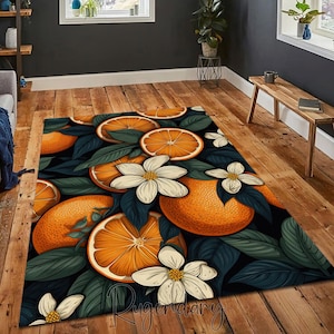 Fruit Modern Kitchen Rug, White Flower Carpet, Dining Room Mat, Leaf Decor