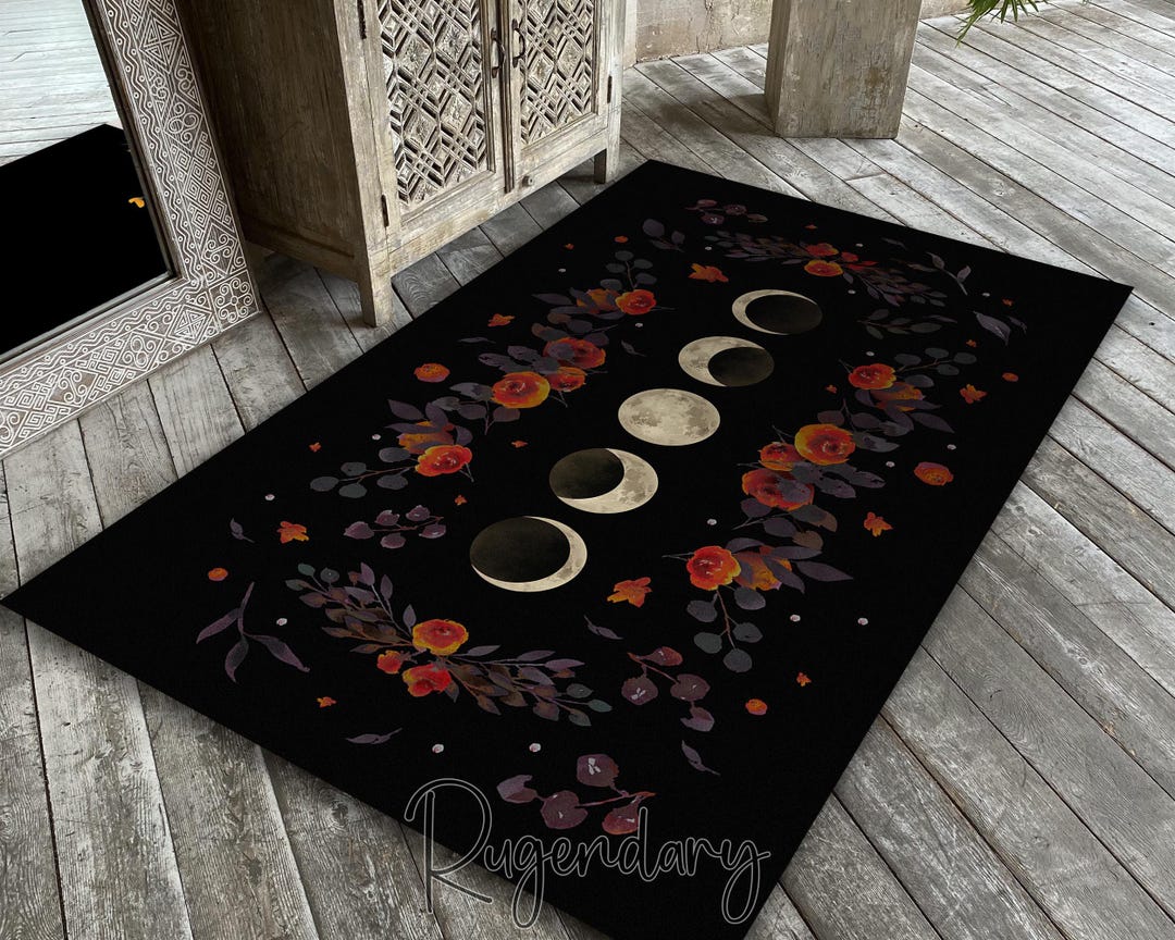 Moon Patterned Rugs Moon and Flower Rug, Moon Phases Carpet, Crescent Pattern Mat ...