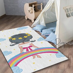 Girl Sitting on Rainbow Rug, Custom Girl Room Carpet, Baby Mat, Cute Nursery Decor, Baby Shower Gift