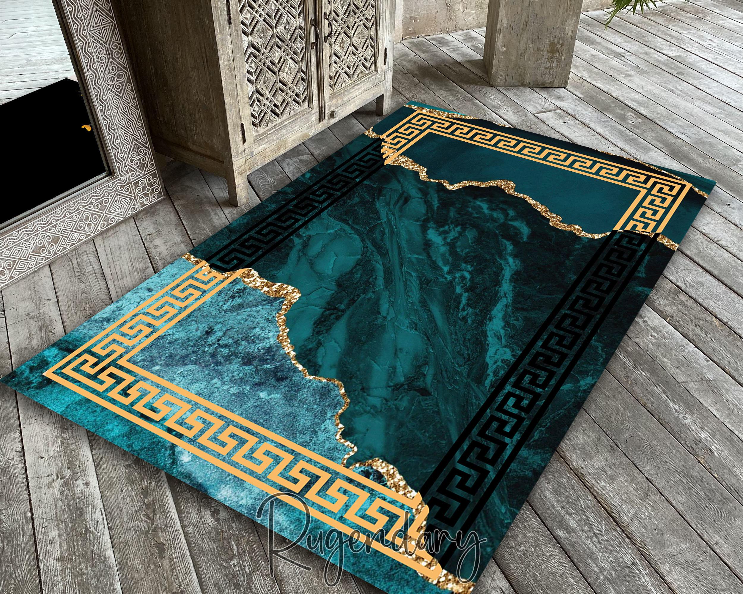 Greek Key Symbol Rug, Blue and Gold Marble Mat, Living Room Carpet, Gold Silvery Luxury Rug