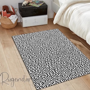 Black and White Geometric Rug, Maze Motif Carpet, Modern Carpet, Living Room Mat