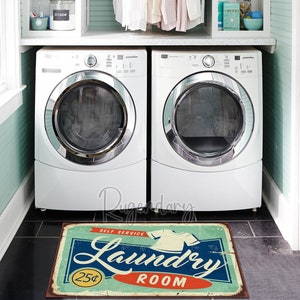 Retro Style Laundry Room Rug, Non-Slip Backing, Machine Washable, Soft Bathroom Mat, Cool Laundry Room Carpet