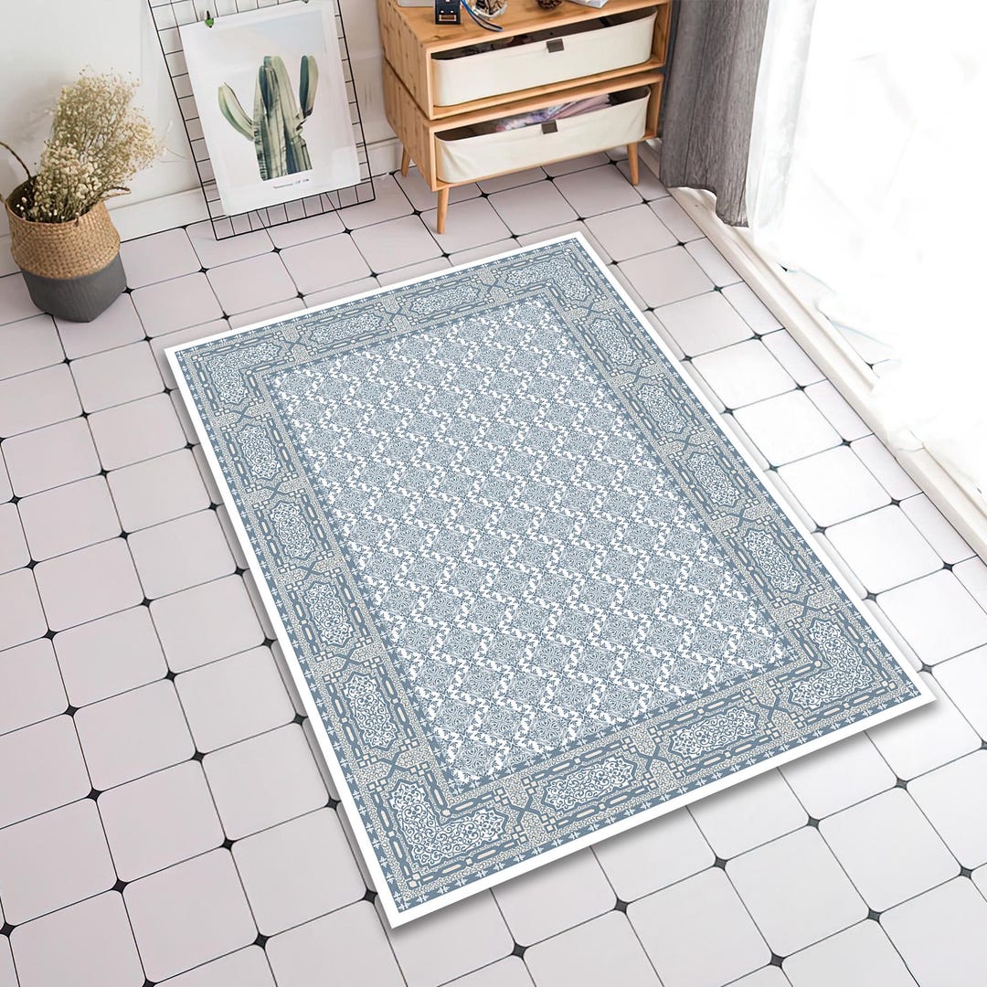 Deco Border Rug Floral Border Rug – Blue White Damask Decorative Carpet - Etsy