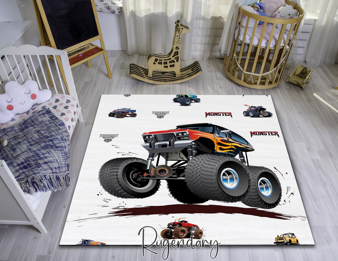 Monster Truck Themed Cool Boy Room Rug Ultra Soft Modern - Etsy