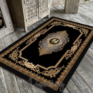 Black Medallion Carpet, Floral Rug, Rose Mat, Bordered Living Room Rug, Luxury Decor, Unique Gift