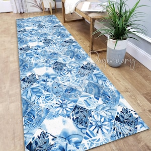 Blue Boho Runner Rug, Ceramic Tile Pattern Patchwork Carpet, Decorative Kitchen Carpet, Custom Size Hallway Runner Rug