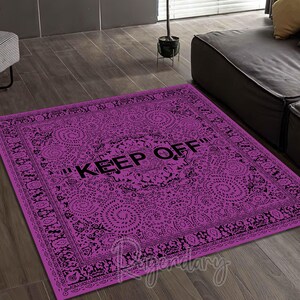 Purple Hypebeast Rug with Black Keep Off Text, Square Keep Off Rug, Modern Bedroom Carpet, Cool Living Room Rug