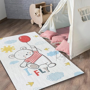 Bear and Balloon Rug, Ultra Soft Baby Room Carpet, Non-Slip Nursery Play Mat, Baby Shower Decor, Baby Gift