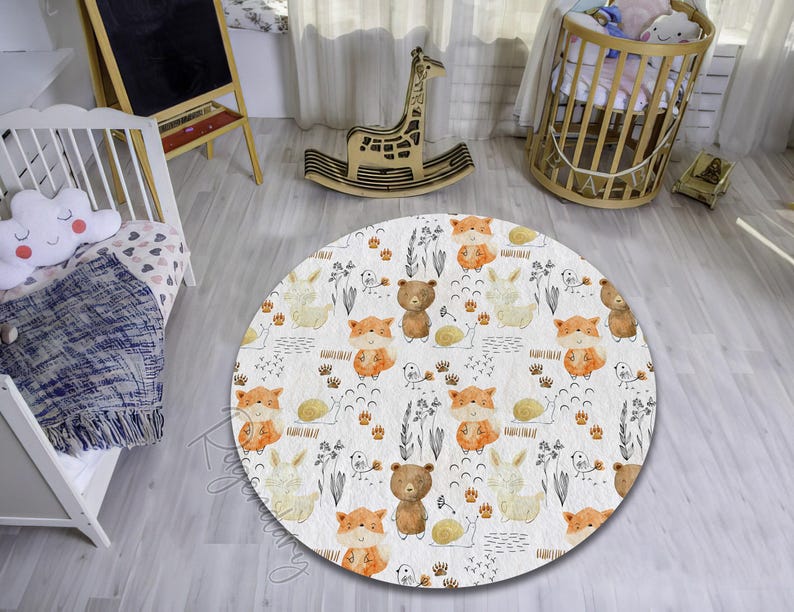 Tapis aquarelle animaux de la forêt : renard, tapis de chambre de bébé lapin image 3