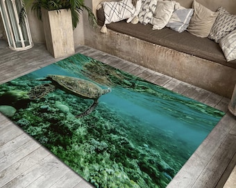 Sea Turtle Rug, Ocean Decor, Marine Life Carpet, Summer House Mat, Coastal Rug