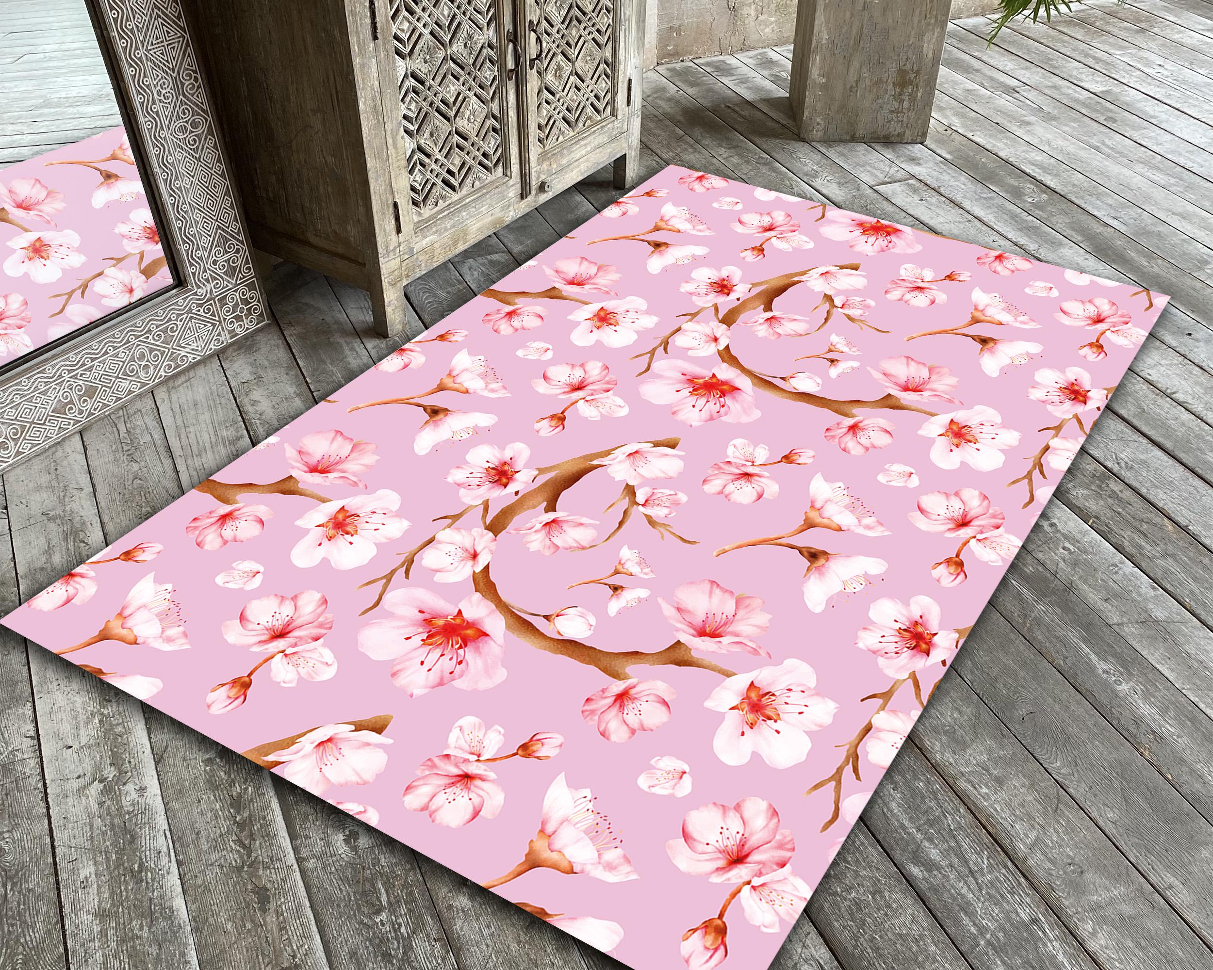 Japanese Cherry Blossom Rug Pink Sakura Floral Pattern Carpet for