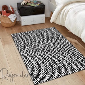 Black and White Geometric Rug, Maze Motif Carpet, Modern Carpet, Living Room Mat