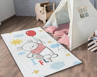 Bear and Balloon Nursery Rug: Ultra Soft, Non-Slip Baby Play Mat