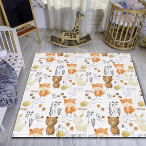 Tapis aquarelle animaux de la forêt : renard, tapis de chambre de bébé lapin image 2