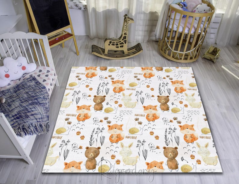 Tapis aquarelle animaux de la forêt : renard, tapis de chambre de bébé lapin image 2