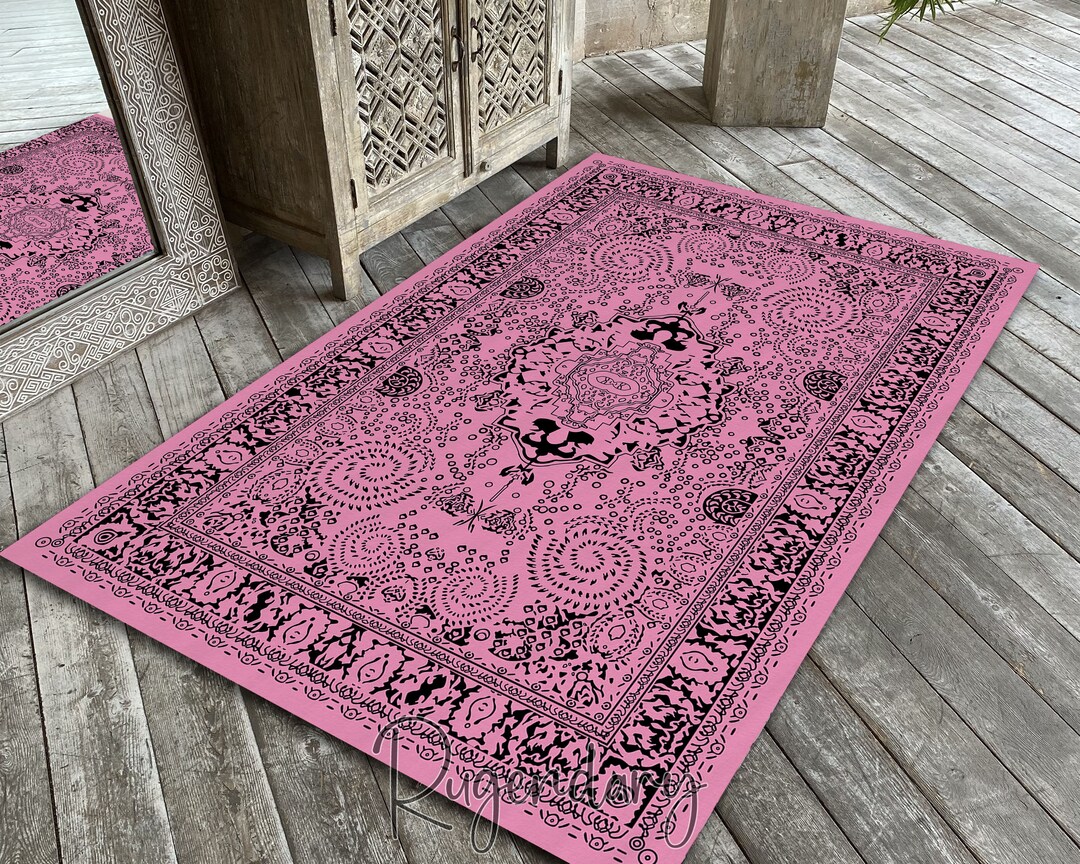 Boho Rug, Pink and Black Bohemian Mat, Living Room Carpet, Motif Art ...