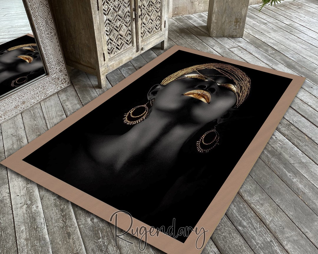 African Woman Rug, Black and Gold Carpet, Stylish Living Room Rug, Boho ...