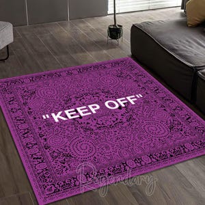 Purple Keep Off White Text Hypebeast Rug, Square Keep Off Rug, Modern Bedroom Carpet, Cool Living Room Rug