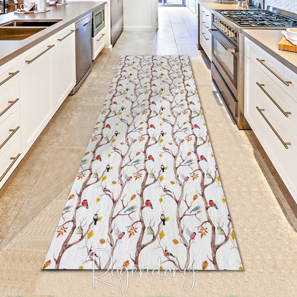 Birds Pattern Decorative Runner Rug, Entry Way Carpet, Hallway Runner Rug, Nonslip Washable Kitchen Runner Rug, Custom Size Large Soft Mat