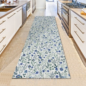 Blue Meadow Flowers Pattern Kitchen Runner Rug, Hallway Floral Carpet, Flower Art Rug, Large Runner Rug