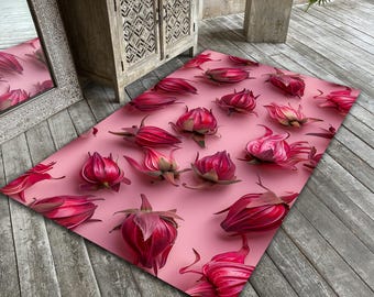 Pink hibiscus floral rug modern flower pattern area rug bohemian red carpet for living room bedroom and home decor