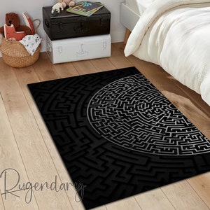 Black Labyrinth Rug, Modern Carpet, Living Room Mat, Abstract Decor ...