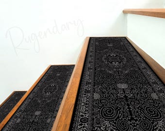 Boho Stair Tread Rug: Black & Silver Oriental Step Mat, Nonslip