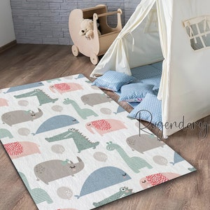 Tappeto da vivaio ultra morbido con motivo a dinosauro carino, coccodrillo, elefante, animali dello zoo Stampato Tappetino da gioco per cameretta per bambini, Baby Shower Decor