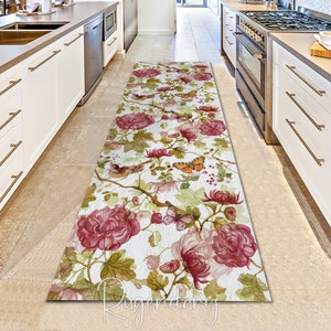 Red Flowers with Butterfly Pattern Modern Runner Rug, Floral Hallway Carpet, Abstract Entryway Mat, Large and Long Boho Carpet