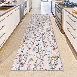 Botanical Flowers Blooming Themed Decorative Runner Rug, Entryway Carpet, Floral Kitchen Rug, Long Bedside Mat, Hallway Runner Rug, Gift