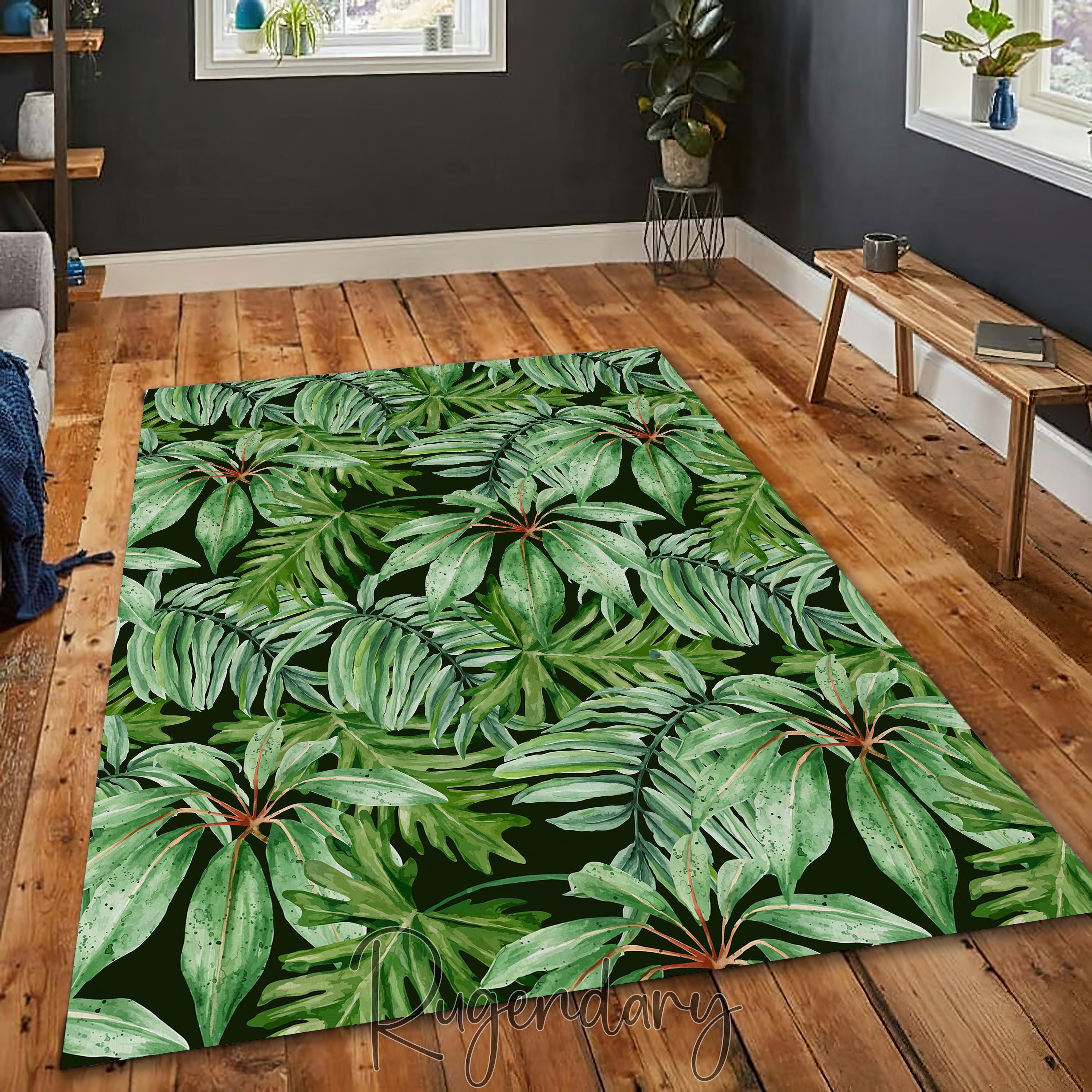 Green Palm Leaves, Tropical Decor, Botanic Mat, Coastal Sea Carpet ...