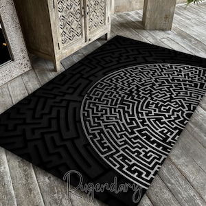 Black Labyrinth Rug, Modern Carpet, Living Room Mat, Abstract Decor ...