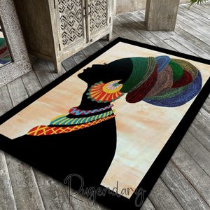 Alfombra con diseño de mujer africana, decoración étnica boho, alfombra gris dorada