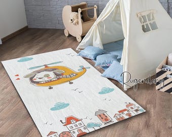 Helicopter Kids Rug: Soft Plush Nursery Play Mat
