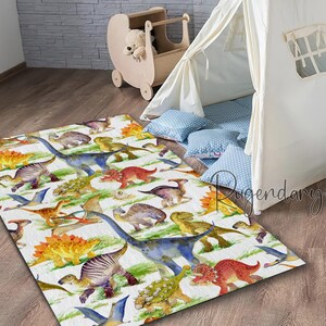 Colorful Water Oil Patterned Dinosaurs Rug for Children Room, Cute Dinosaur Printed Soft Carpet, Dinosaurs Decor, Children Play Room Mat