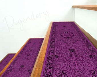 Boho Purple Stair Tread Rug: Oriental Step Carpet, Nonslip Backing
