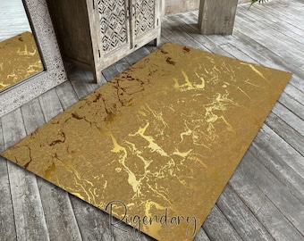 Gold Marble Patterned Rug, Living Room Carpet, Modern Kitchen Area Mat, Luxury Home Decor