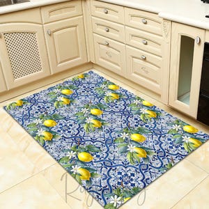 Lemon Kitchen Rug, Boho Style Carpet, Fruit Mat, Dining Room Decor, Lemon Ornament Rug