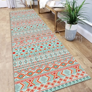 Tribal Ethnic Motif Pattern Geometric Runner Rug for Kitchen, Hallway, Entryway, Laundry, Nonslip Soft Carpet, Custom Size Long Runner Rug