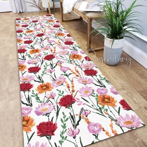 Bunte Blumen Blühendes Muster Boho Teppichläufer, Gartenteppich, Botanisches Dekor, Florales Wohndekor, Langer Küchenteppich, Flur Läufer