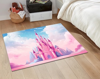 Pink Castle Rug: Fairy Tale Kids Room Decor, Fantasy Palace Mat