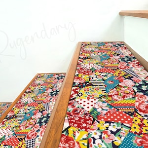 Rose Flower Patchwork Stair Rug, Floral Stair Mat, Stair Tread Carpet, Nonslip Backing Rug, Stair Step, Designer Stair Tread, Boho Stair Rug