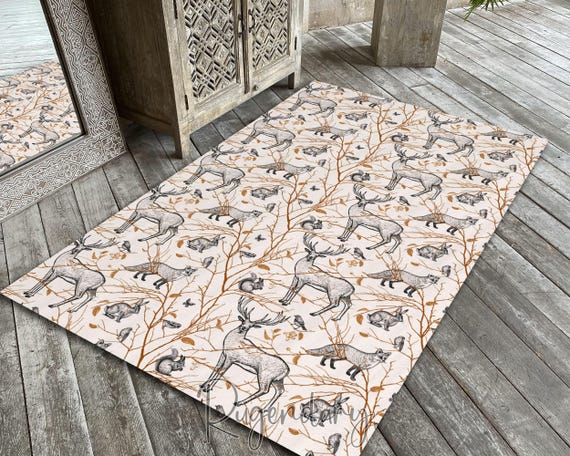Forest Animals Rug: Deer, Fox, Hare, Squirrel Pattern, Nonslip Area Mat
