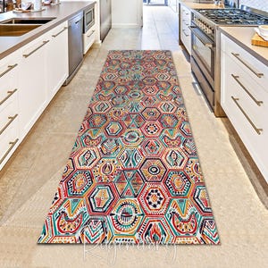 Boho Runner Rug: Ethnic Patchwork, Nonslip Kitchen Carpet