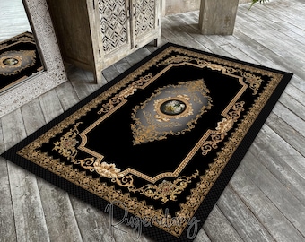 Black Medallion Carpet, Floral Rug, Rose Mat, Bordered Living Room Rug, Luxury Decor, Unique Gift