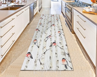 Forest Bird Runner Rug: Long Boho Entryway Carpet