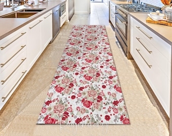 Red Rose Floral Runner Rug: Boho Kitchen Hallway Carpet
